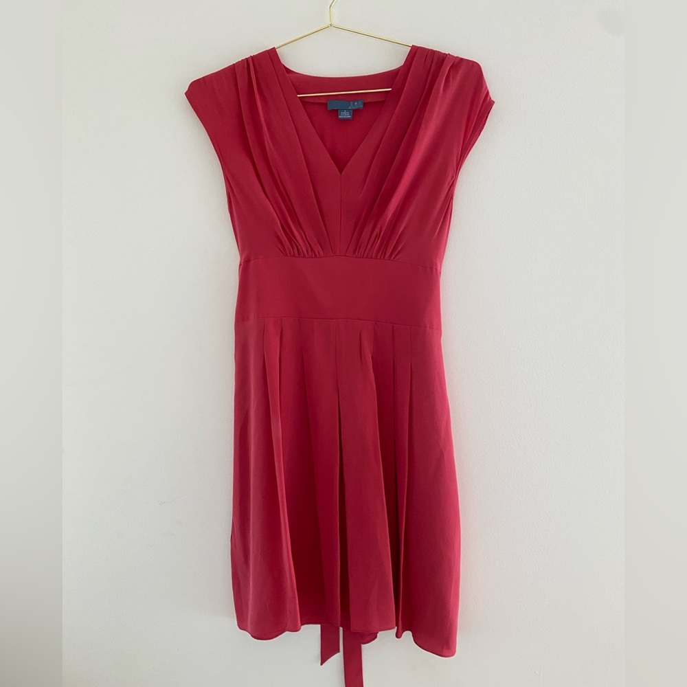 Lil anthropologie Silk Pink Elegant Red V-Neck Dress smocked tie small